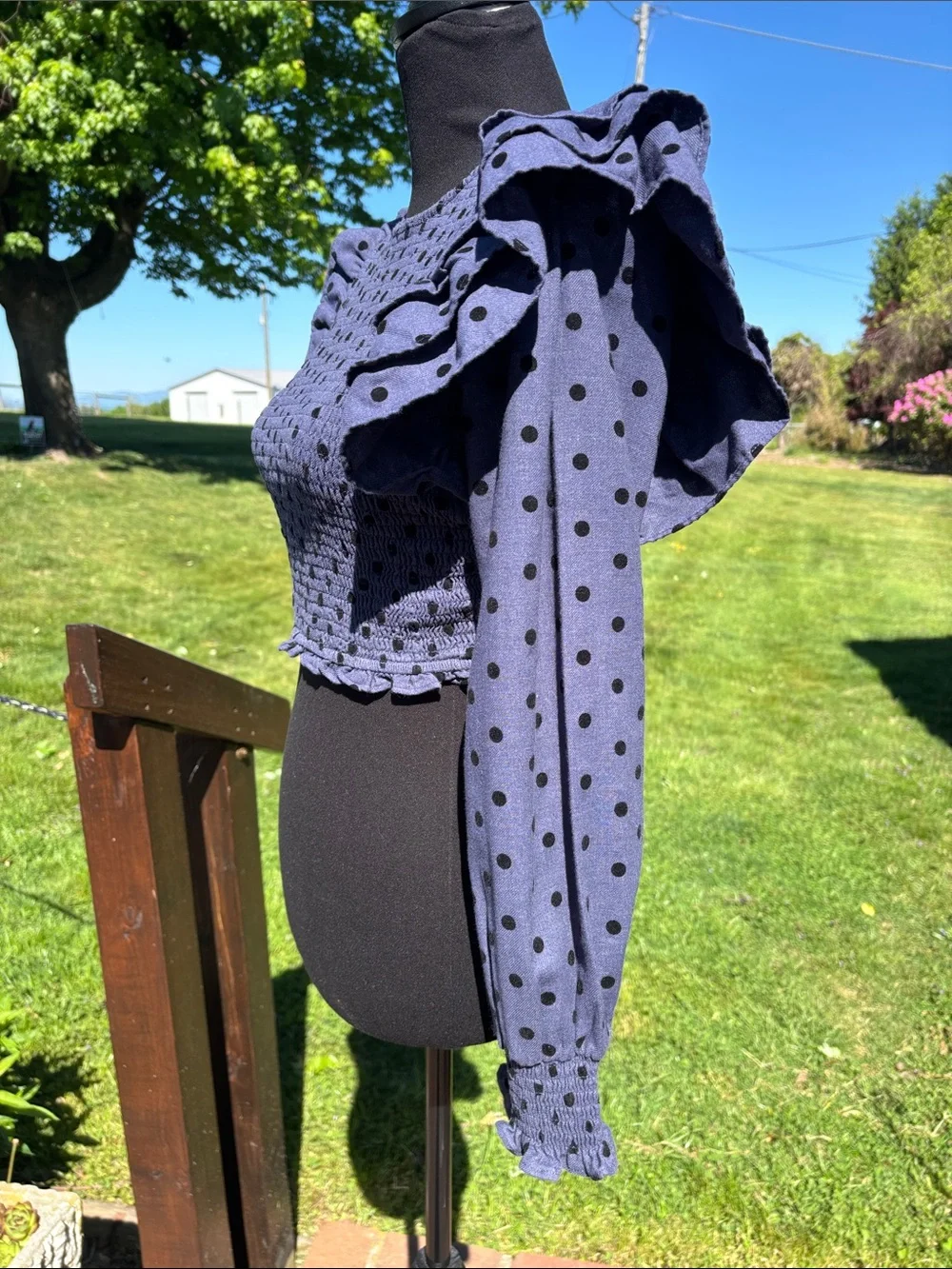Zara Smocked Periwinkle Blue/Black Polka Dot Ruffle Sleeve Crop Top Small